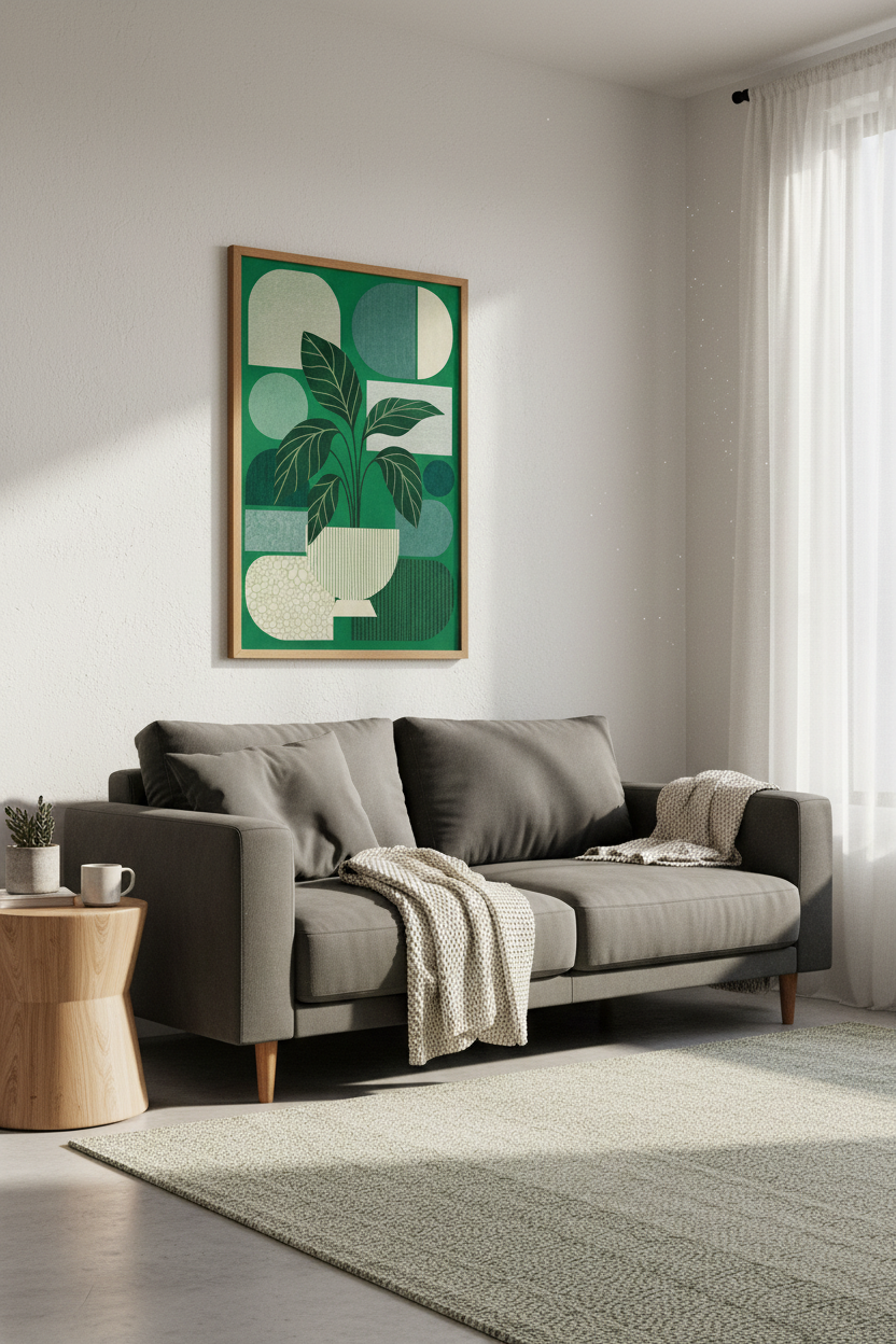 Abstract Botanical Plant Art | Emerald Green Geometric, Mid-Century Modern Wall Art Print