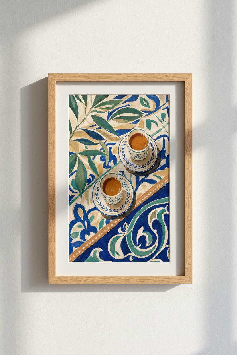 Turkish Coffee Art Print | Mediterranean Kitchen Decor | Blue Tile Poster