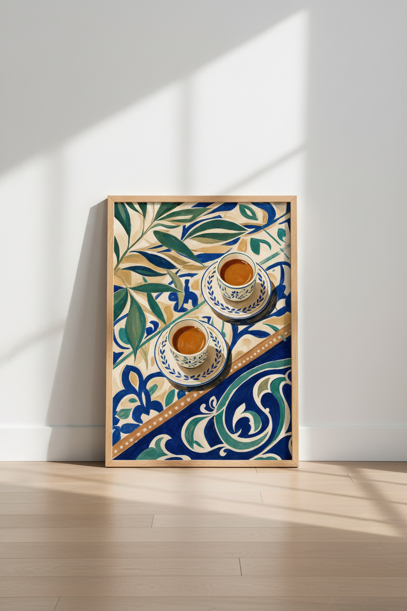 Turkish Coffee Art Print | Mediterranean Kitchen Decor | Blue Tile Poster