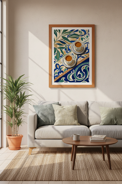 Turkish Coffee Art Print | Mediterranean Kitchen Decor | Blue Tile Poster