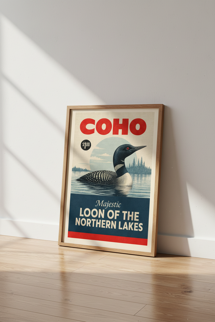 Common Loon Vintage Art Print | Rustic Lake House Decor | Retro Wildlife Poster