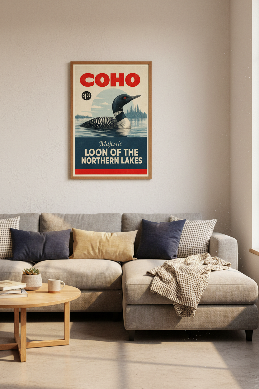 Common Loon Vintage Art Print | Rustic Lake House Decor | Retro Wildlife Poster