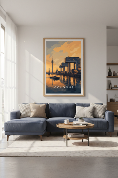 Cologne Germany Wall Art Print | Modern Travel Poster | Rhine Sunset Decor