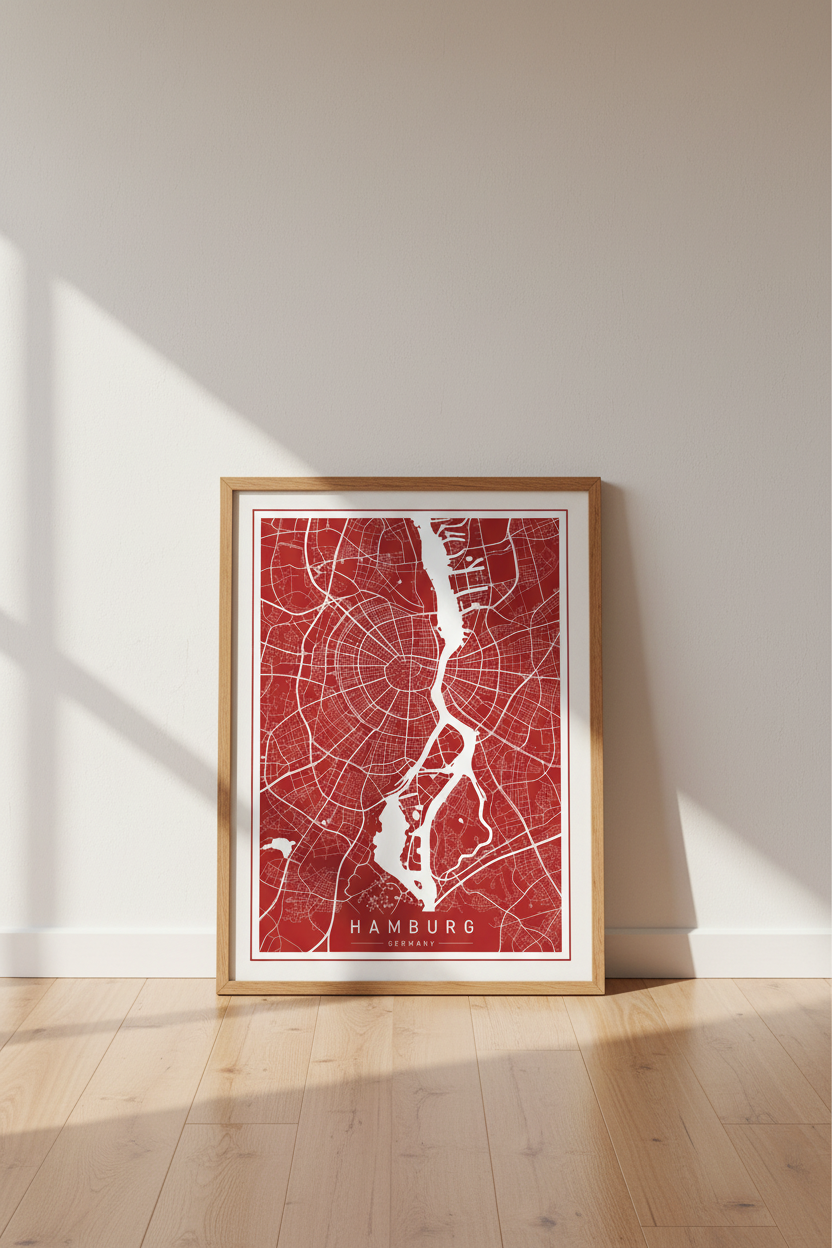 Hamburg Germany City Map Wall Art | Red Minimalist Poster | Modern Office Decor