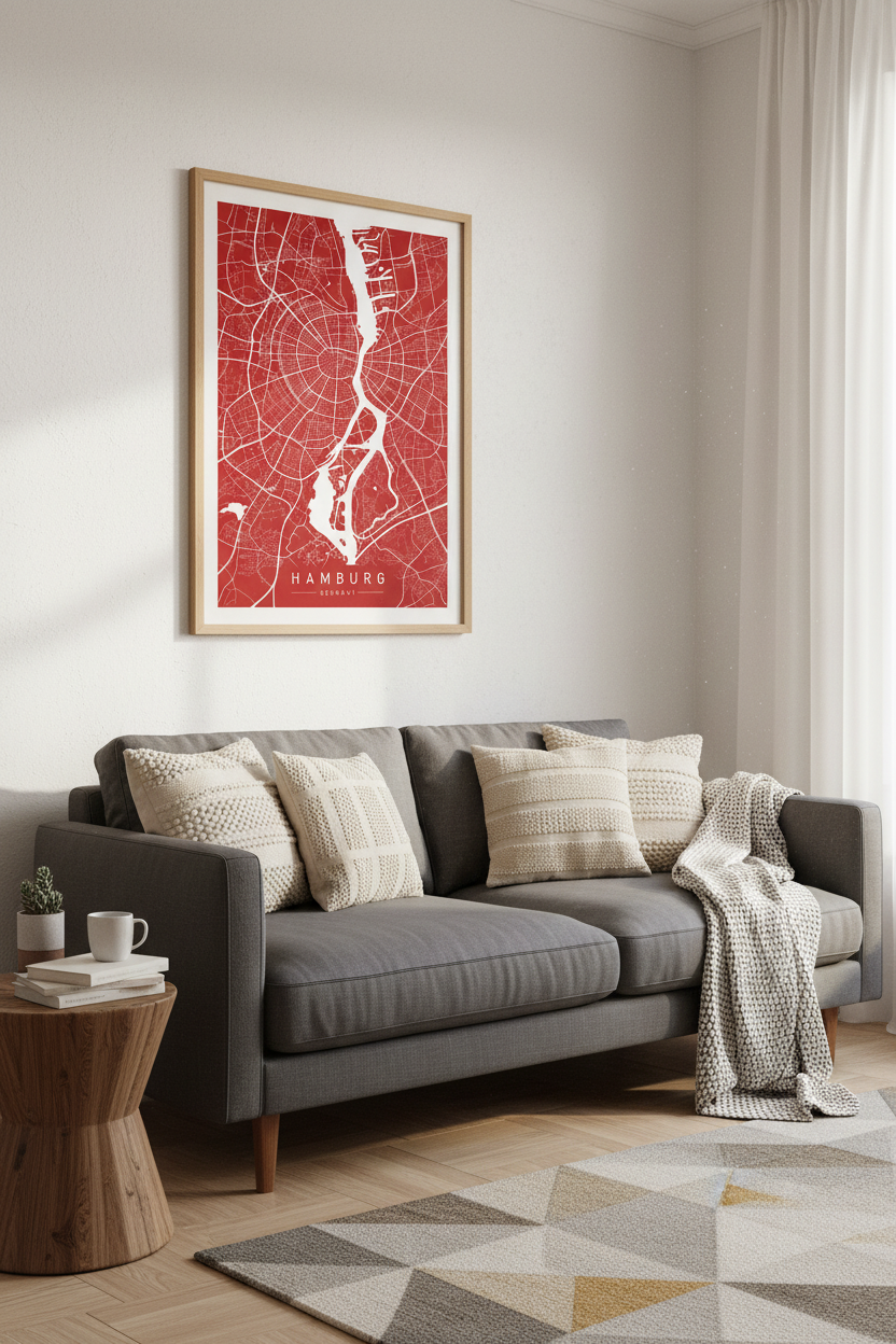 Hamburg Germany City Map Wall Art | Red Minimalist Poster | Modern Office Decor