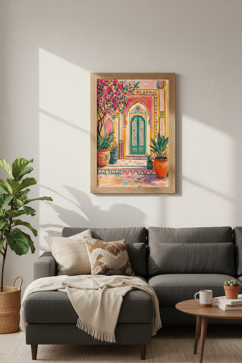 Indian Courtyard | Pink Floral Architecture Art, Vibrant Boho Living Room Poster