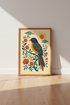 Folk Art Blue Bird Wall Art | Botanical Floral Decor | Vibrant Maximalist Poster
