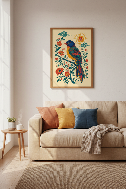 Folk Art Blue Bird Wall Art | Botanical Floral Decor | Vibrant Maximalist Poster