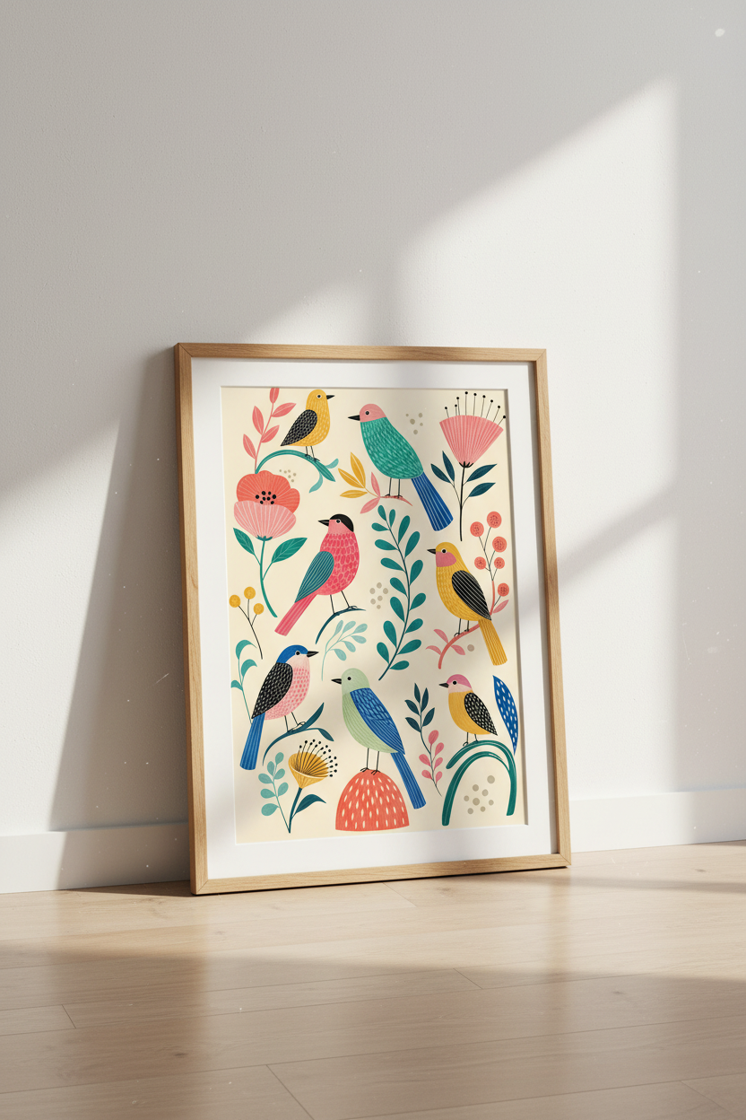 Folk Art Birds Wall Art Print | Boho Nursery Decor | Whimsical Nature Poster