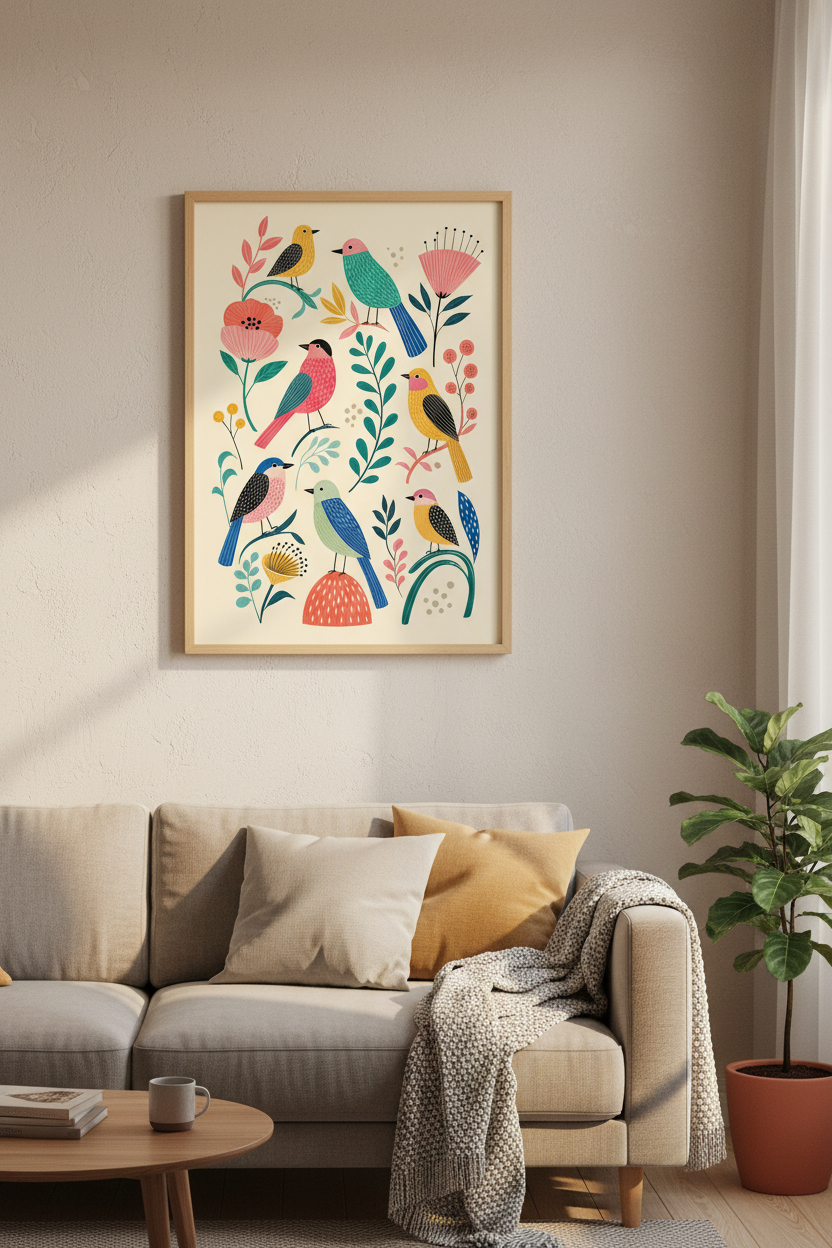 Folk Art Birds Wall Art Print | Boho Nursery Decor | Whimsical Nature Poster