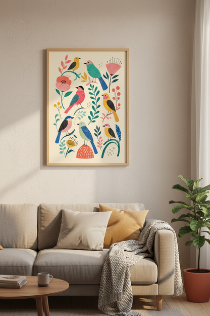 Folk Art Birds Wall Art Print | Boho Nursery Decor | Whimsical Nature Poster
