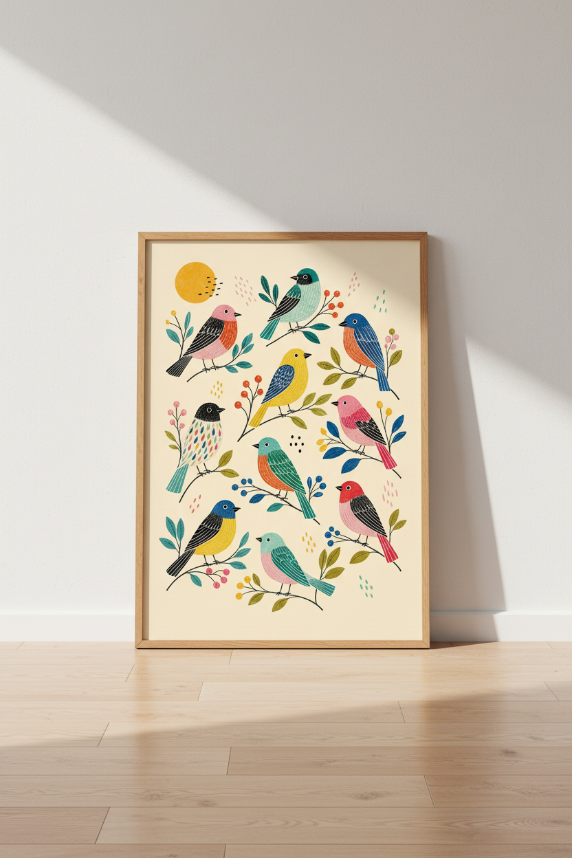 Folk Art Birds Wall Art Print | Colorful Nursery Decor | Mid Century Modern Poster