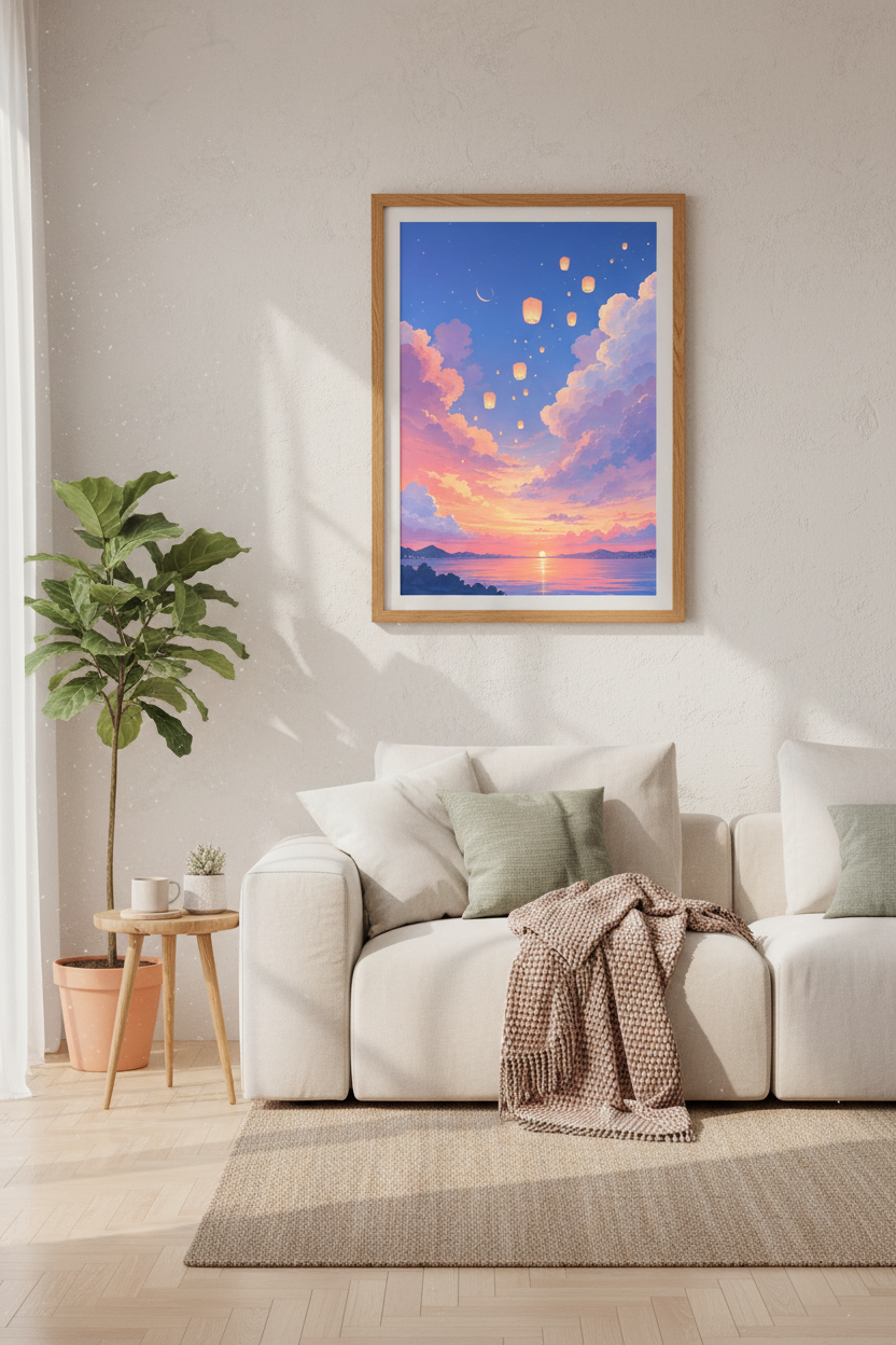 Anime Sky Lanterns Wall Art | Pastel Sunset Clouds Decor | Kawaii Aesthetic Poster