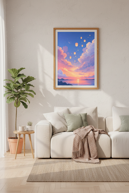 Anime Sky Lanterns Wall Art | Pastel Sunset Clouds Decor | Kawaii Aesthetic Poster