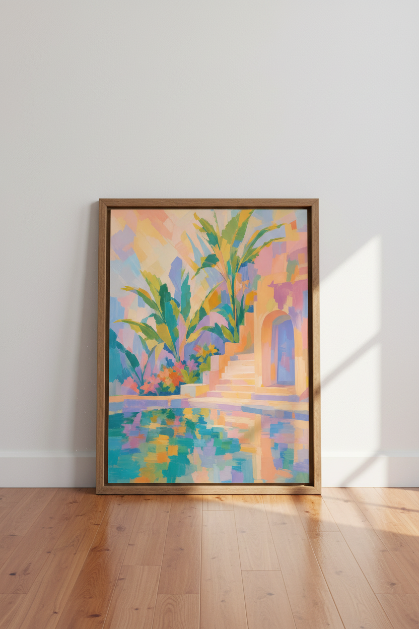Abstract Tropical Poolside Art | Pastel Mediterranean Print, Boho Living Room Decor