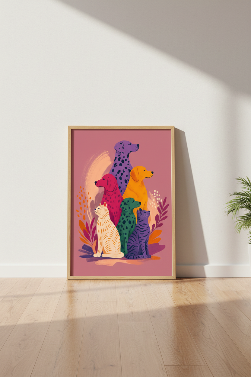 Colorful Cat and Dog Wall Art | Vibrant Pet Illustration, Modern Animal Decor