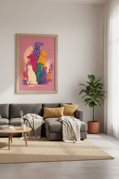 Colorful Cat and Dog Wall Art | Vibrant Pet Illustration, Modern Animal Decor