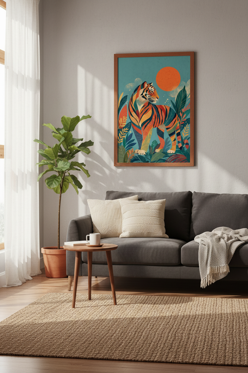 Tiger Jungle Wall Art Print | Modern Folk Animal Poster | Teal Orange Living Room Decor