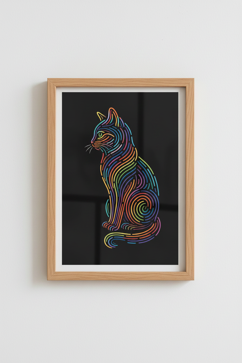 Abstract Rainbow Cat Wall Art | Neon Line Feline, Modern Living Room Decor