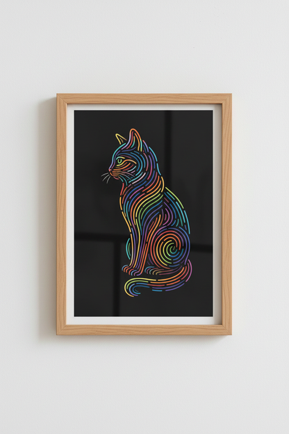 Abstract Rainbow Cat Wall Art | Neon Line Feline, Modern Living Room Decor