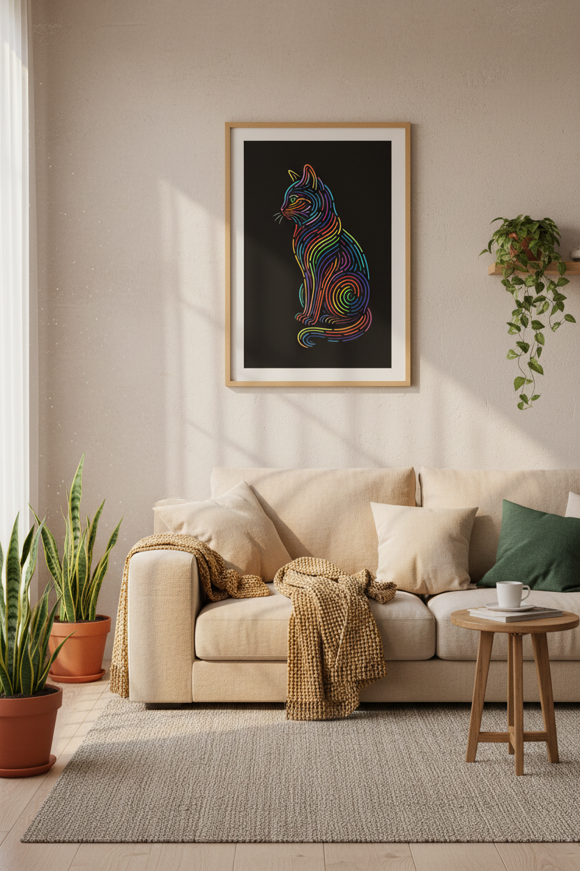 Abstract Rainbow Cat Wall Art | Neon Line Feline, Modern Living Room Decor
