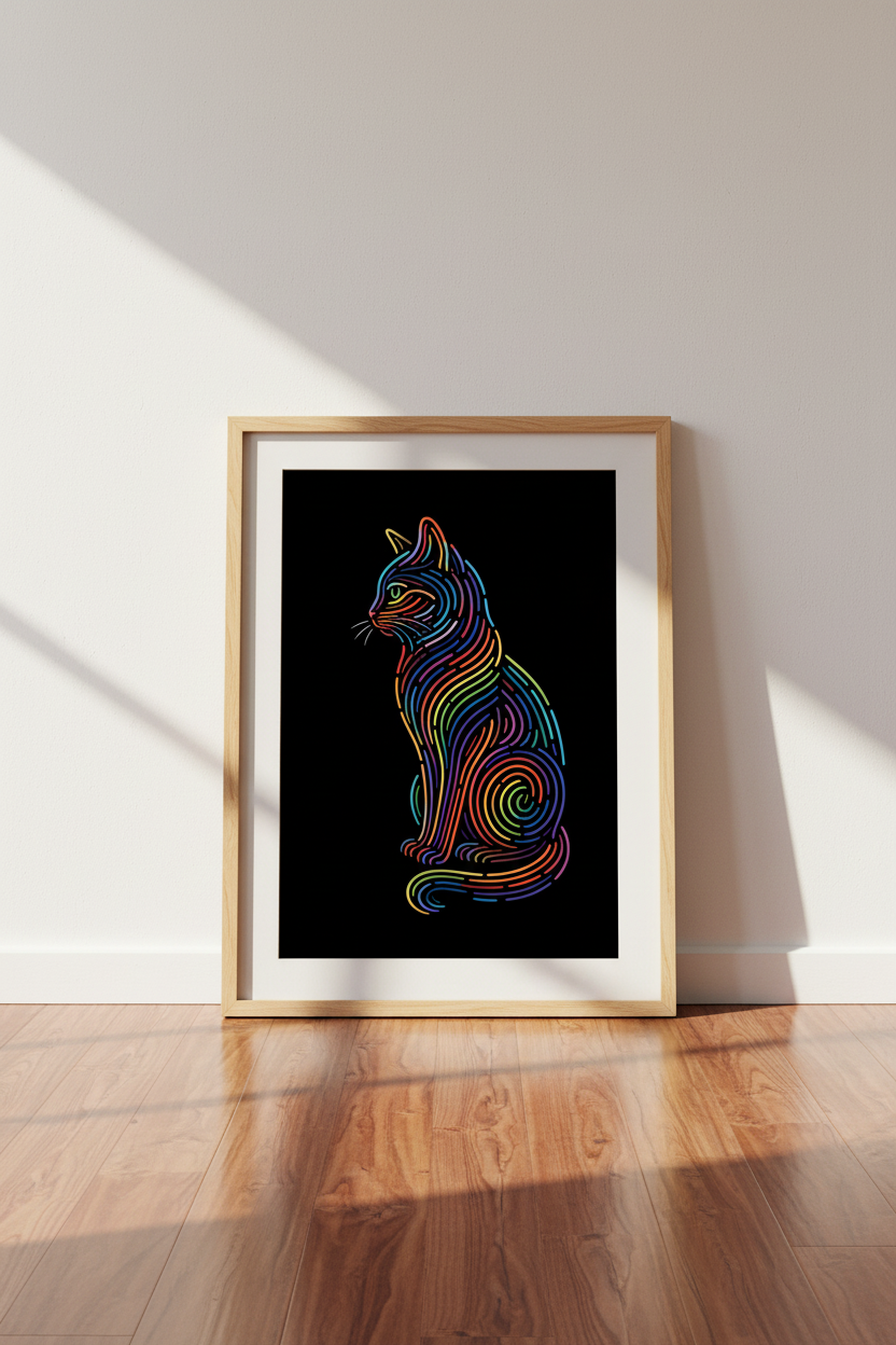 Abstract Rainbow Cat Wall Art | Neon Line Feline, Modern Living Room Decor