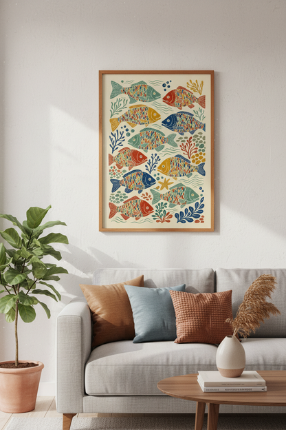 Colorful Fish Block Print Wall Art | Coastal Decor | Nautical Underwater Poster