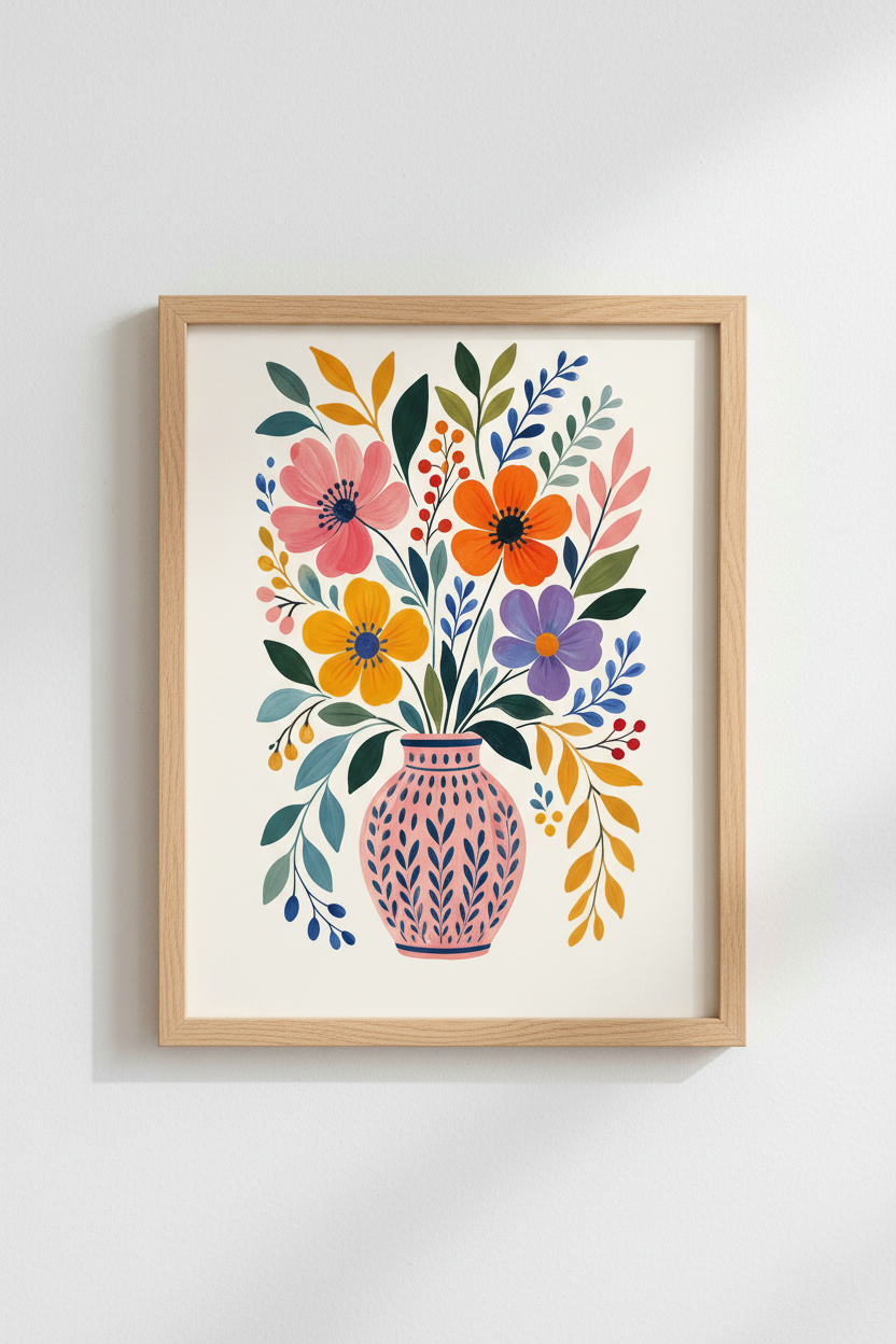 Folk Floral Art Print | Boho Botanical Vase Poster, Colorful Living Room Decor
