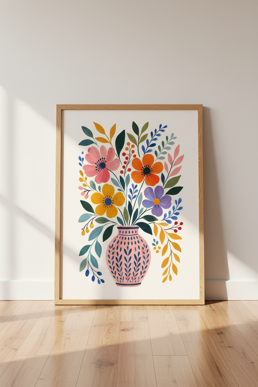 Folk Floral Art Print | Boho Botanical Vase Poster, Colorful Living Room Decor