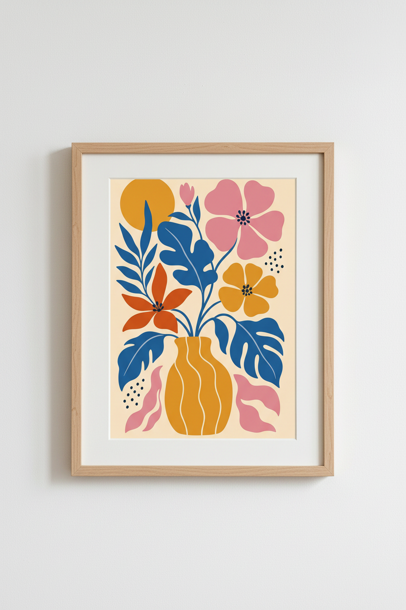 bold floral wall art | vibrant blue-orange palette, living room decor