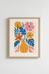 bold floral wall art | vibrant blue-orange palette, living room decor