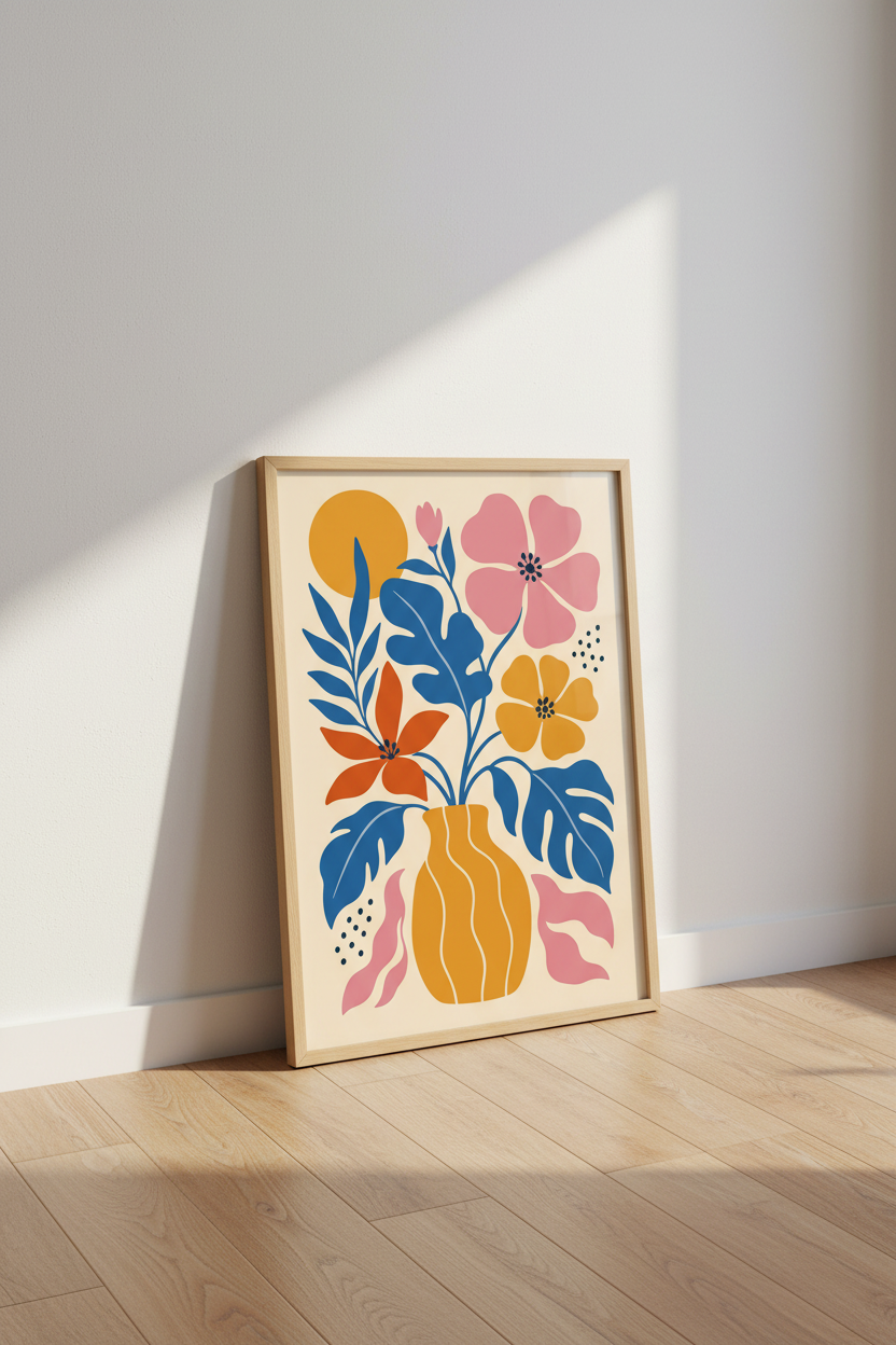 bold floral wall art | vibrant blue-orange palette, living room decor