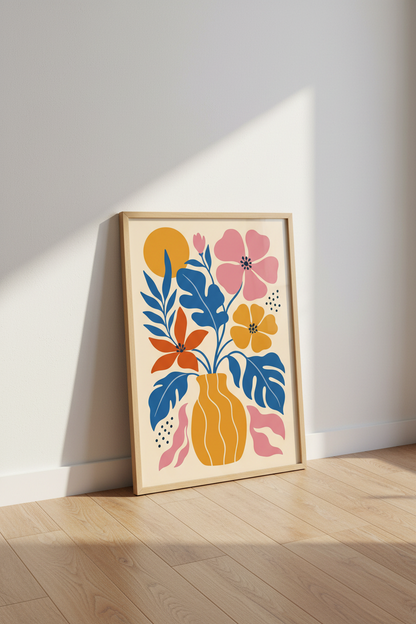 bold floral wall art | vibrant blue-orange palette, living room decor