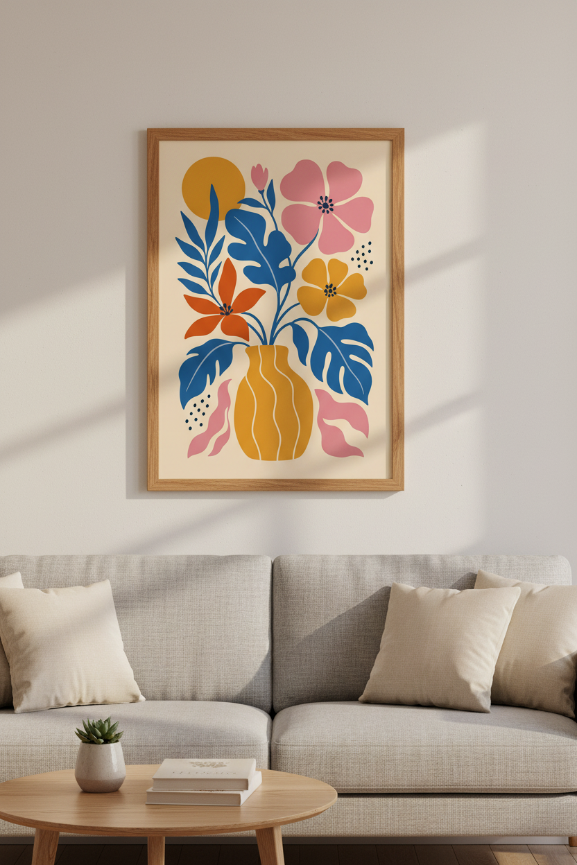 bold floral wall art | vibrant blue-orange palette, living room decor