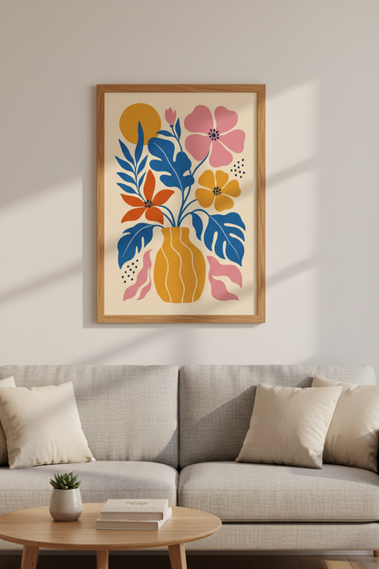 bold floral wall art | vibrant blue-orange palette, living room decor