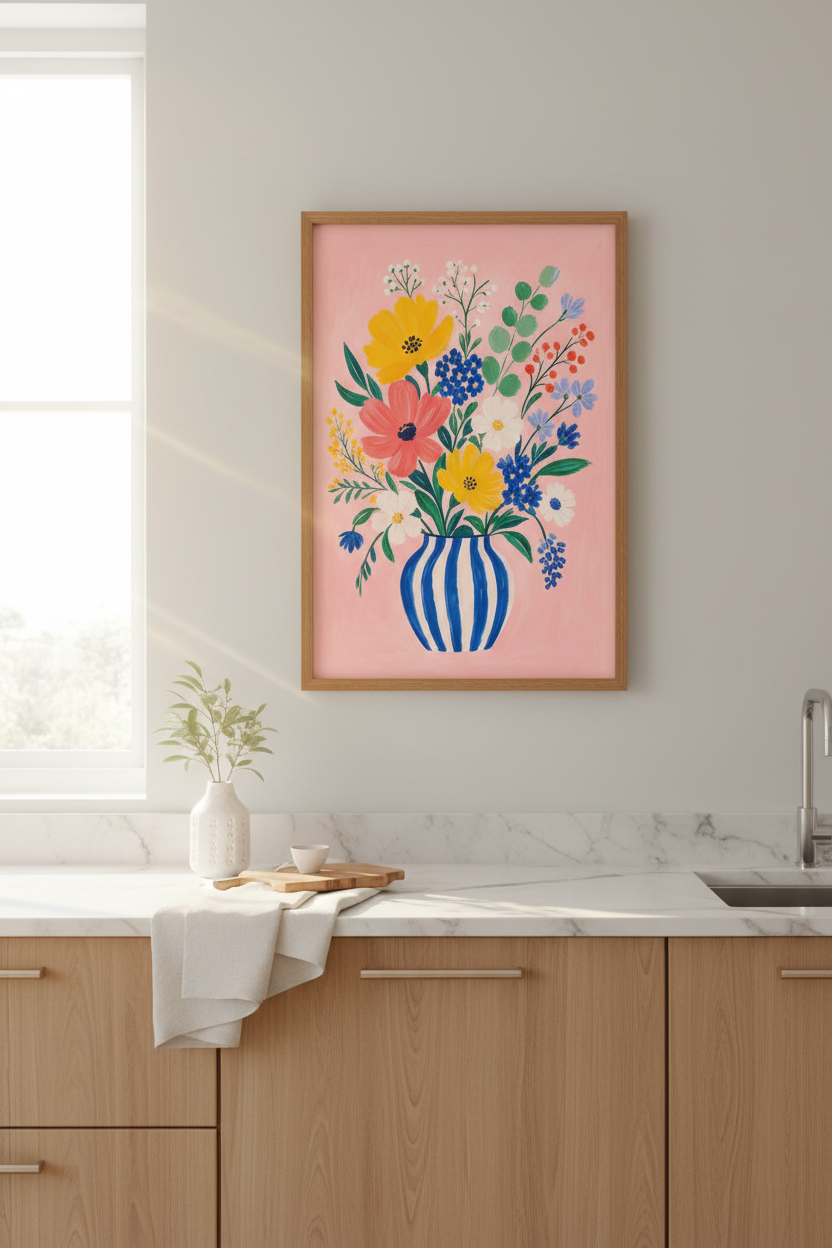 Flower Bouquet Wall Art Print | Colorful Floral Poster, Pink Aesthetic Room Decor