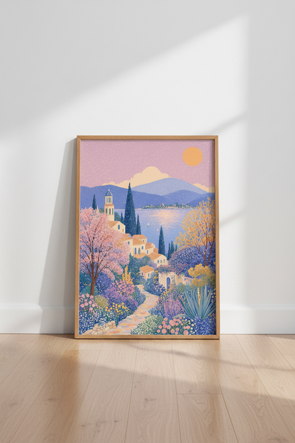 Mediterranean Coastal Village Wall Art | Pastel Landscape Decor | Whimsical Poster