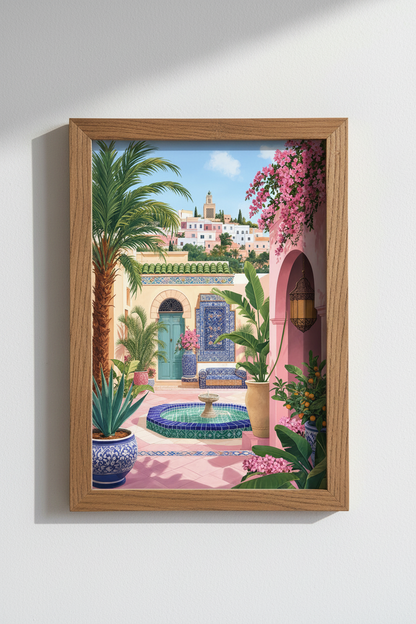 Moroccan Courtyard Art | Pink &amp; Blue Mediterranean Riad, Tropical Boho Decor