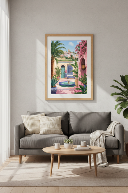 Moroccan Courtyard Art | Pink &amp; Blue Mediterranean Riad, Tropical Boho Decor