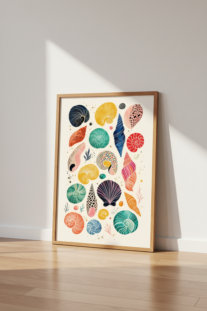 Seashell Medley Wall Art | Colorful Coastal Decor, Beach House Poster Art