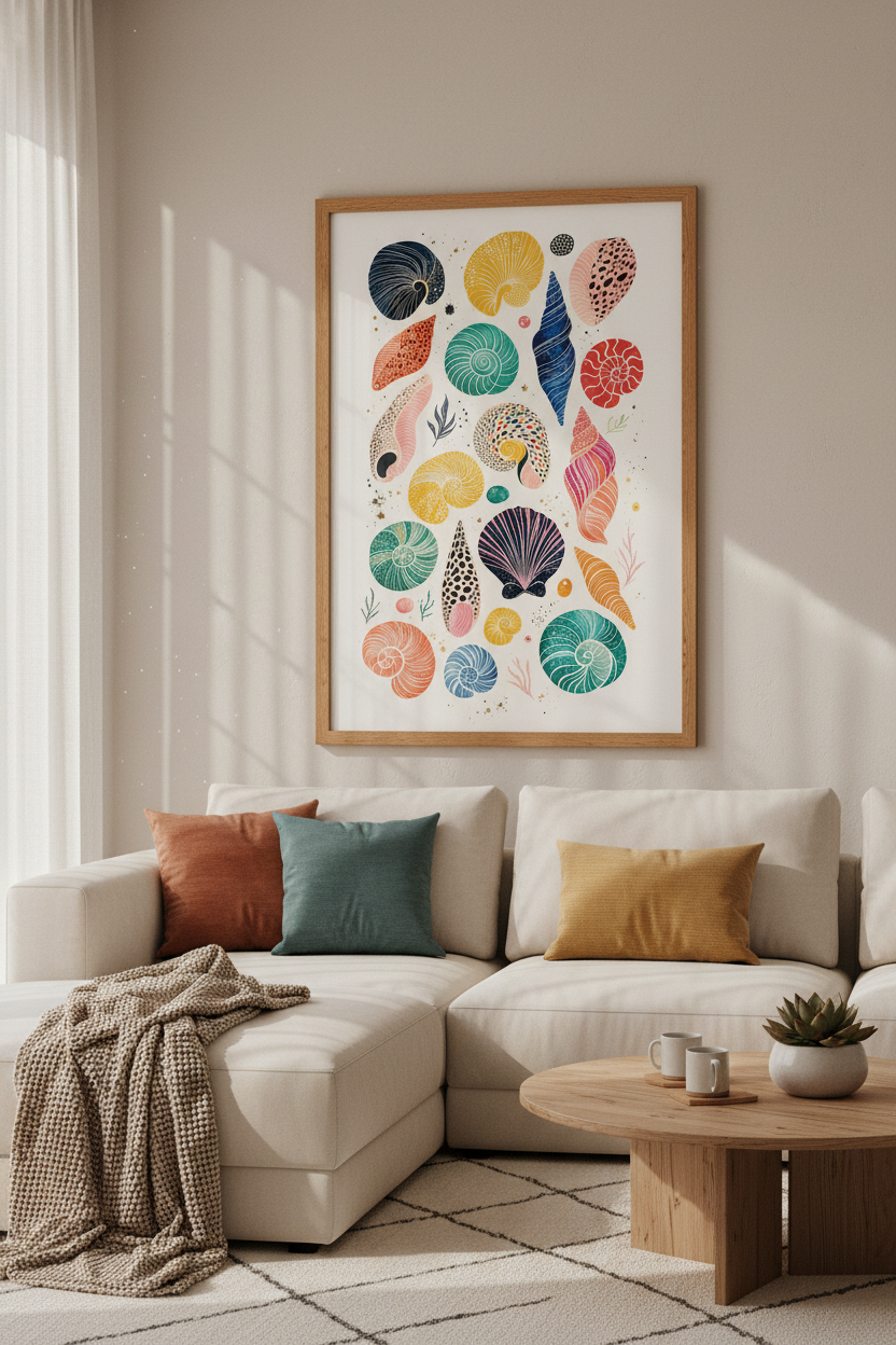 Seashell Medley Wall Art | Colorful Coastal Decor, Beach House Poster Art