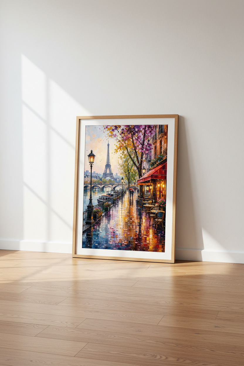 Paris Eiffel Tower Wall Art | French Cafe Scene Oil Style | Romantic City Poster