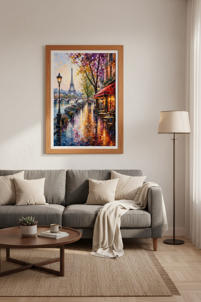 Paris Eiffel Tower Wall Art | French Cafe Scene Oil Style | Romantic City Poster