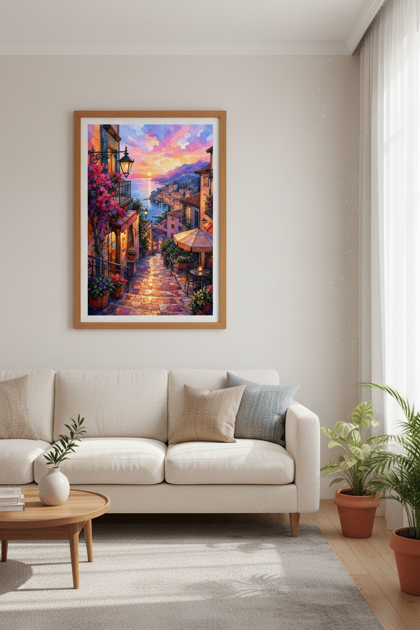 Amalfi Coast Sunset Wall Art | Italian Village Landscape, Mediterranean Decor