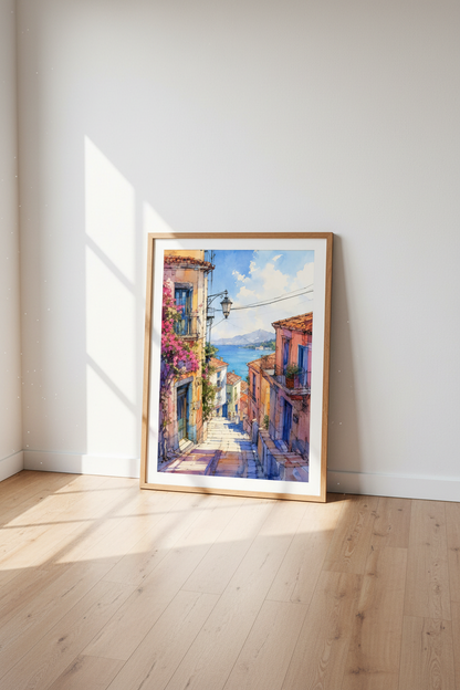 Mediterranean Coastal Town Watercolor | Italian Street Scene, Seaside Home Decor Art