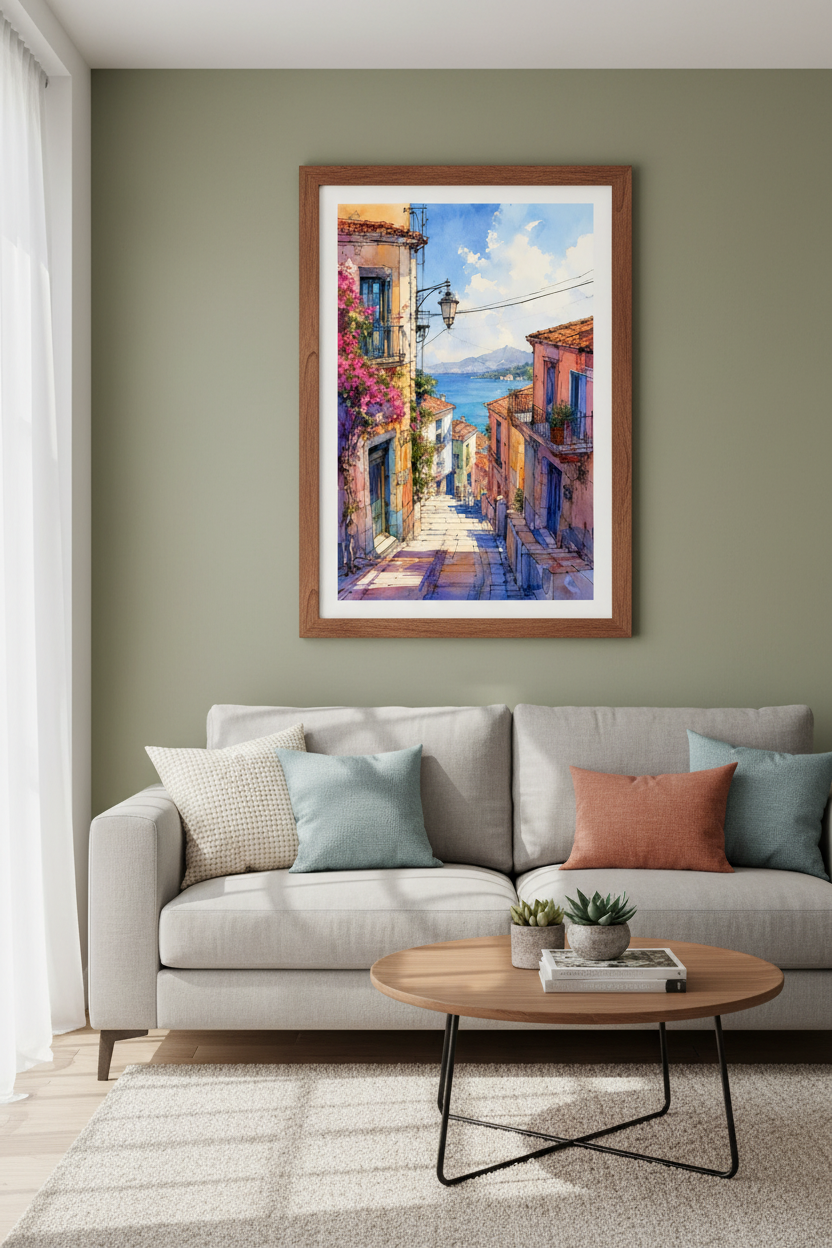 Mediterranean Coastal Town Watercolor | Italian Street Scene, Seaside Home Decor Art