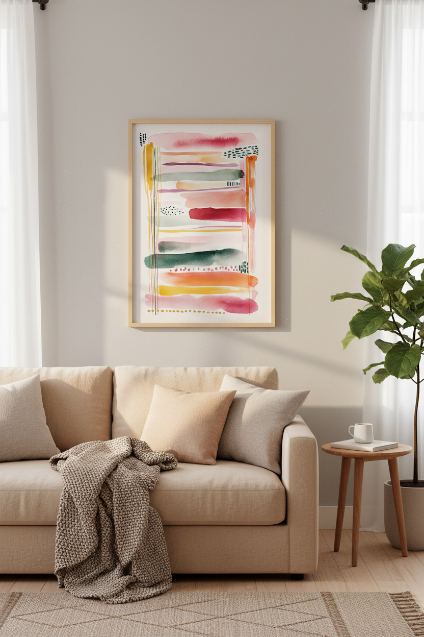 Abstract Watercolor Stripes Wall Art | Pink &amp; Gold Modern Decor | Boho Zen Poster