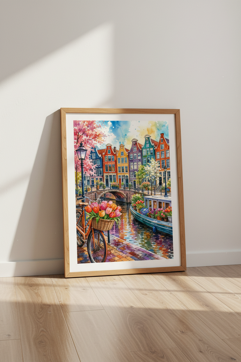 Amsterdam Canal Watercolor Print | Vibrant Cityscape Poster, Travel Gift