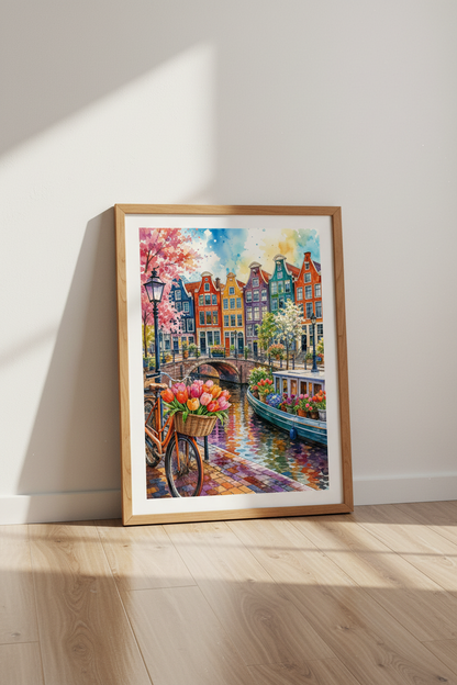 Amsterdam Canal Watercolor Print | Vibrant Cityscape Poster, Travel Gift