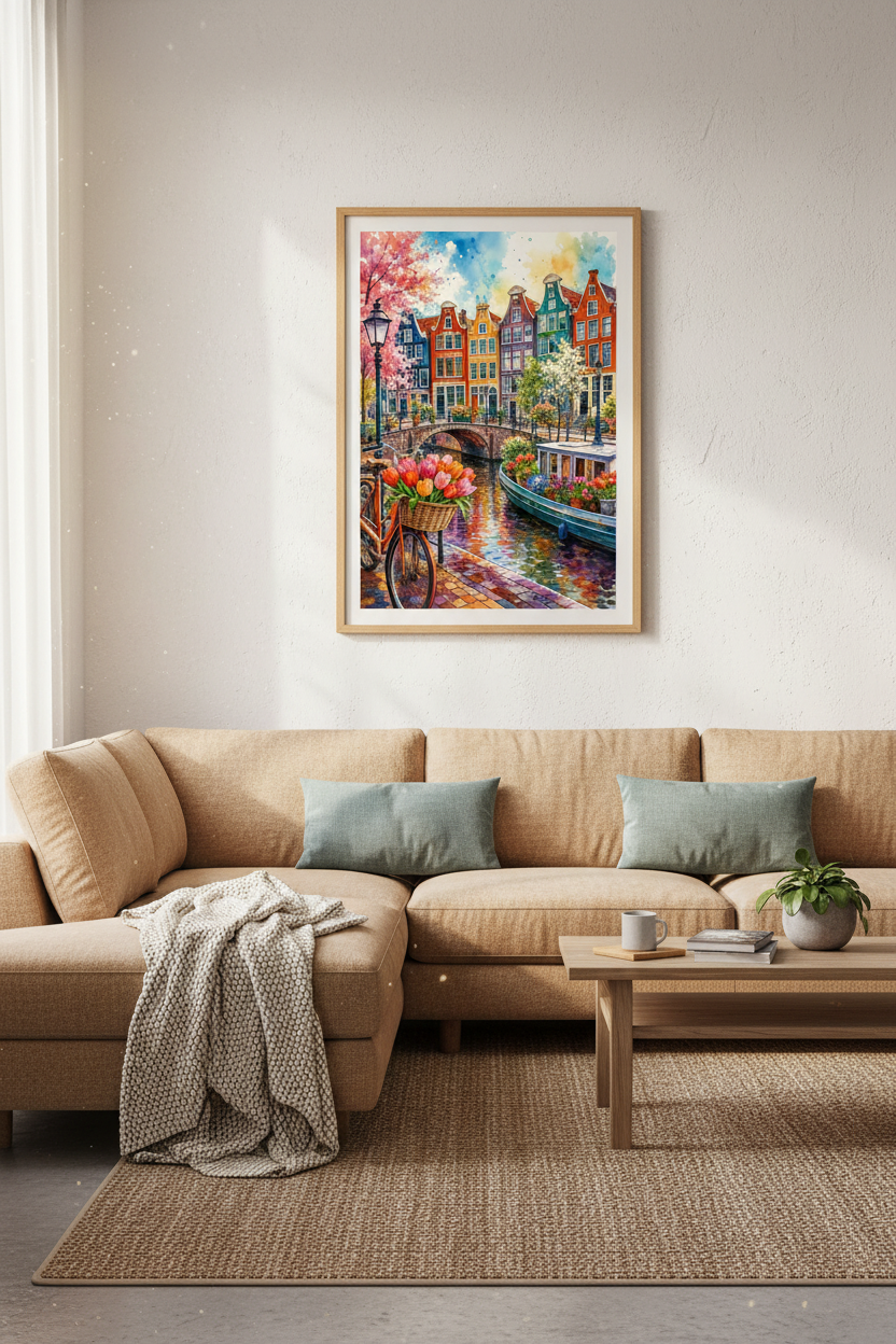 Amsterdam Canal Watercolor Print | Vibrant Cityscape Poster, Travel Gift